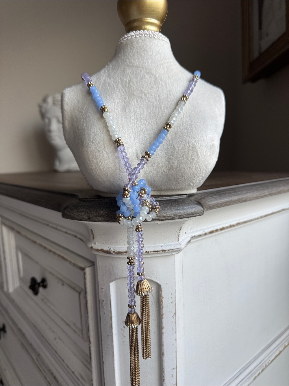 Elegant Versatile Blue & Lavender Beaded Lariat Necklace with Gold Tassels